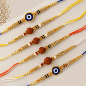 Pearl Nakshatra Rudraksh Rakhi & Nazar Suraksha Rakhi Set – Pack of 5 Designer Bands for Brother – Raksha Bandhan Gift Combo