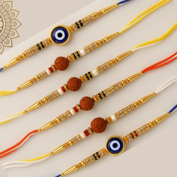 Pearl Nakshatra Rudraksh Rakhi & Nazar Suraksha Rakhi Set – Pack of 5 Designer Bands for Brother – Raksha Bandhan Gift Combo