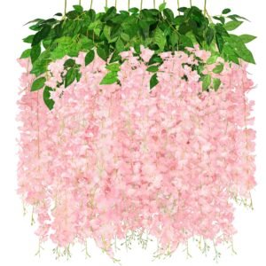 Artificial Wisteria Vine Garland – 8 Pcs (43 Inch) | Long Hanging Fake Silk Flowers for Ganpati Decoration, Home Decor, Wedding & Party Decor - Pink