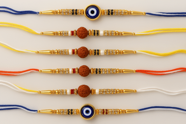 Pearl Nakshatra Rudraksh Rakhi & Nazar Suraksha Rakhi Set – Pack of 5 Designer Bands for Brother – Raksha Bandhan Gift Combo - Image 2