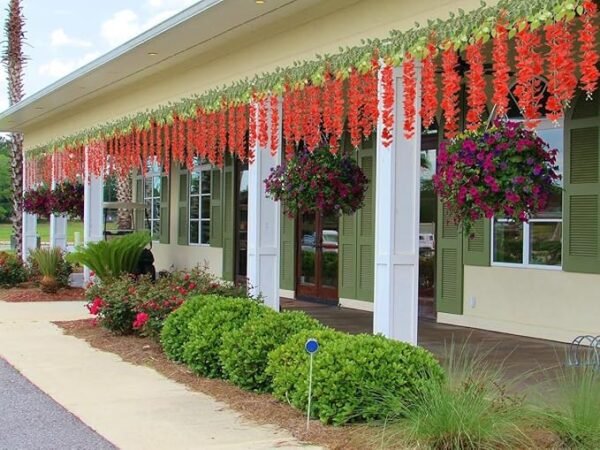 Artificial Wisteria Vine Garland – 8 Pcs (43 Inch) | Long Hanging Fake Silk Flowers for Ganpati Decoration, Home Decor, Wedding & Party Decor - Red - Image 6