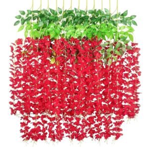 Artificial Wisteria Vine Garland – 8 Pcs (43 Inch) | Long Hanging Fake Silk Flowers for Ganpati Decoration, Home Decor, Wedding & Party Decor - Red