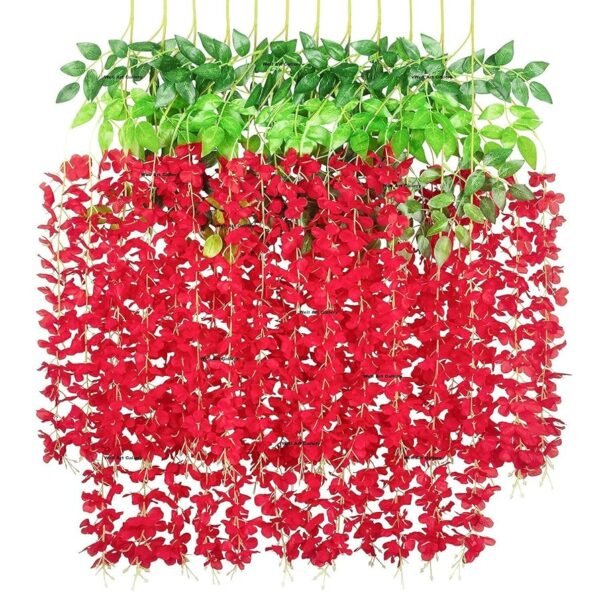 Artificial Wisteria Vine Garland – 8 Pcs (43 Inch) | Long Hanging Fake Silk Flowers for Ganpati Decoration, Home Decor, Wedding & Party Decor - Red