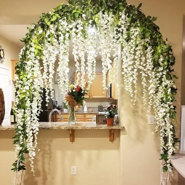 Artificial Wisteria Vine Garland – 8 Pcs (43 Inch) | Long Hanging Fake Silk Flowers for Ganpati Decoration, Home Decor, Wedding & Party Decor - White - Image 3