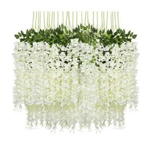 Artificial Wisteria Vine Garland – 8 Pcs (43 Inch) | Long Hanging Fake Silk Flowers for Ganpati Decoration, Home Decor, Wedding & Party Decor - White
