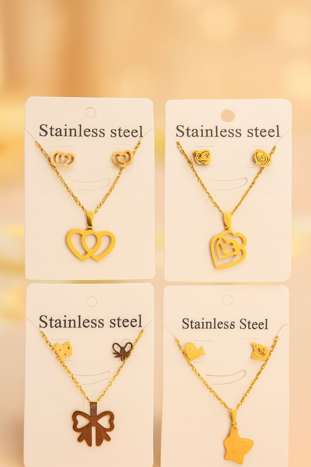 5 pc Combo Set - Gold Plated Pendant Necklace & Earrings Set for Women & Girls | Stylish Jewellery Gift Set – Dual Heart, Butterfly, Bow, Triple Heart & Wings Designs - Image 2