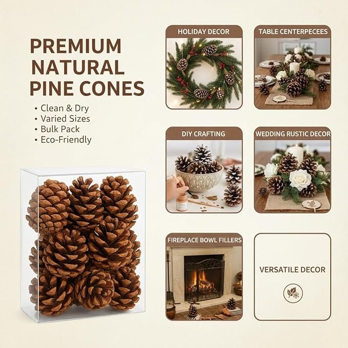 Natural Snow-Tipped Wooden Pine Cones (Pack of 12) – Rustic Christmas Tree Ornaments & Festive Hanging Decorations - Image 2