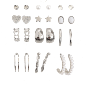 Pearl Nakshatra 12 Pairs Combo Earring Set for Women & Girls – Stylish Western Korean Style Studs & Hoops (Silver Tone)