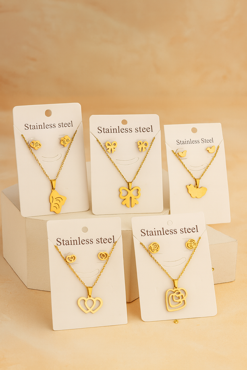 5 pc Combo Set - Gold Plated Pendant Necklace & Earrings Set for Women & Girls | Stylish Jewellery Gift Set – Dual Heart, Butterfly, Bow, Triple Heart & Wings Designs - Image 3