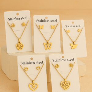 5 pc Combo Set - Gold Plated Pendant Necklace & Earrings Set for Women & Girls | Stylish Jewellery Gift Set – Dual Heart, Butterfly, Bow, Triple Heart & Wings Designs