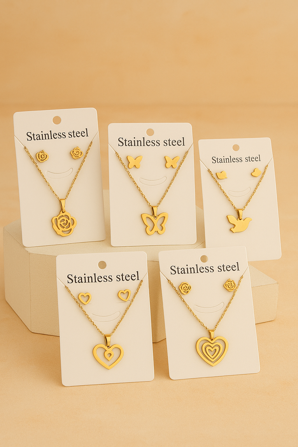 5 pc Combo Set - Gold Plated Pendant Necklace & Earrings Set for Women & Girls | Stylish Jewellery Gift Set – Dual Heart, Butterfly, Bow, Triple Heart & Wings Designs
