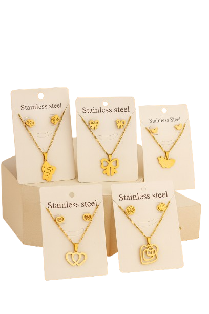 5 pc Combo Set - Gold Plated Pendant Necklace & Earrings Set for Women & Girls | Stylish Jewellery Gift Set – Dual Heart, Butterfly, Bow, Triple Heart & Wings Designs - Image 5