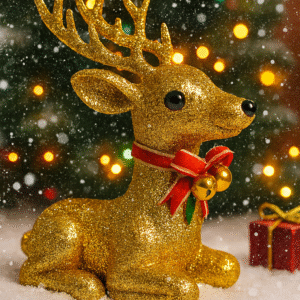 Golden Glitter Christmas Reindeer Figurine – Elegant Sitting Deer for Xmas Decoration | Festive Tabletop, Home & Party Décor – 5.5 Inch - Pack Of 2