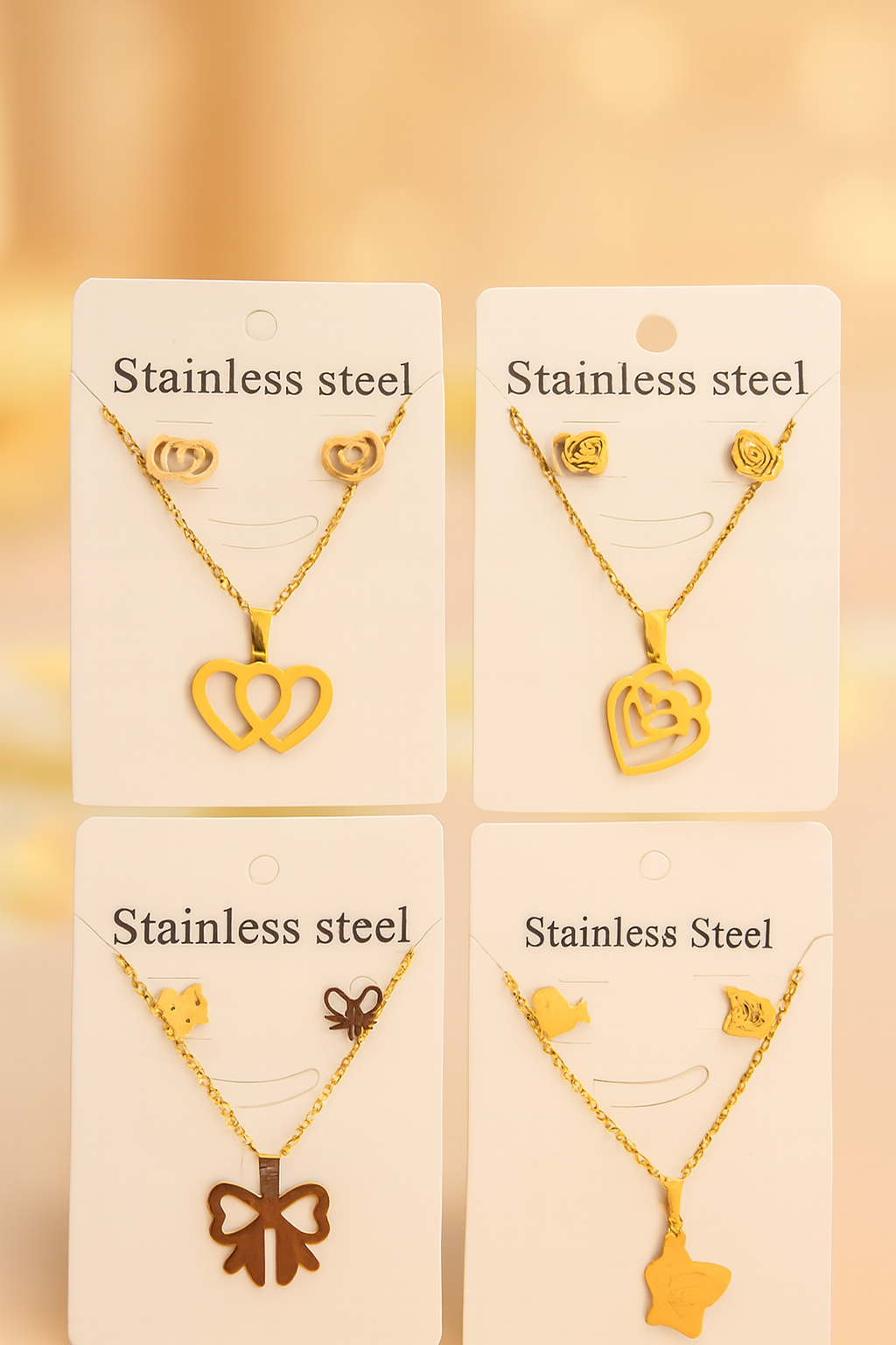 5 pc Combo Set - Gold Plated Pendant Necklace & Earrings Set for Women & Girls | Stylish Jewellery Gift Set – Dual Heart, Butterfly, Bow, Triple Heart & Wings Designs - Image 7