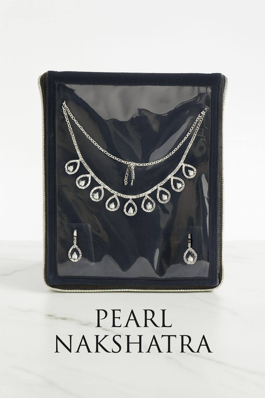 Pearl Nakshatra Velvet-Back Transparent Jewellery Organizer Pouch – Travel & Display Case for Chains, Necklaces & Pendants (6x7 Inch, Dark Blue)